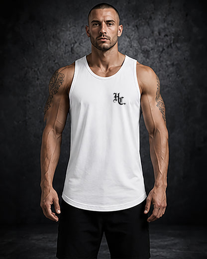 monogram of HC on the front of a white tank worn by man