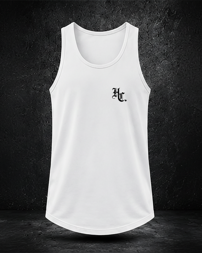 White tank top with a logo on a dark background