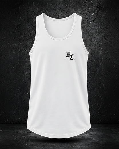 White tank top with a logo on a dark background