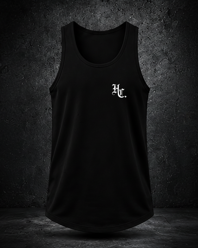 Black tank top with a logo on a dark textured background