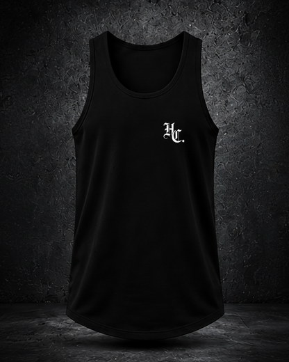 Black tank top with a logo on a dark textured background