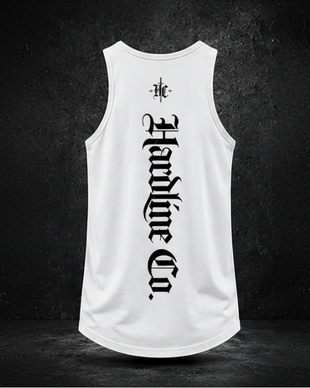 White tank top with black text on a dark background