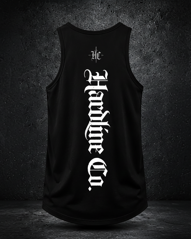 Black tank top with white text on a dark textured background