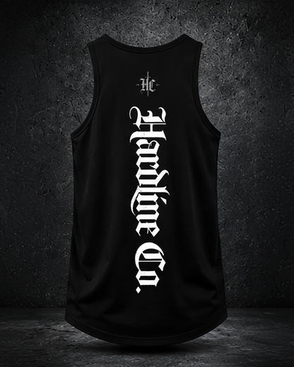 Black tank top with white text on a dark textured background