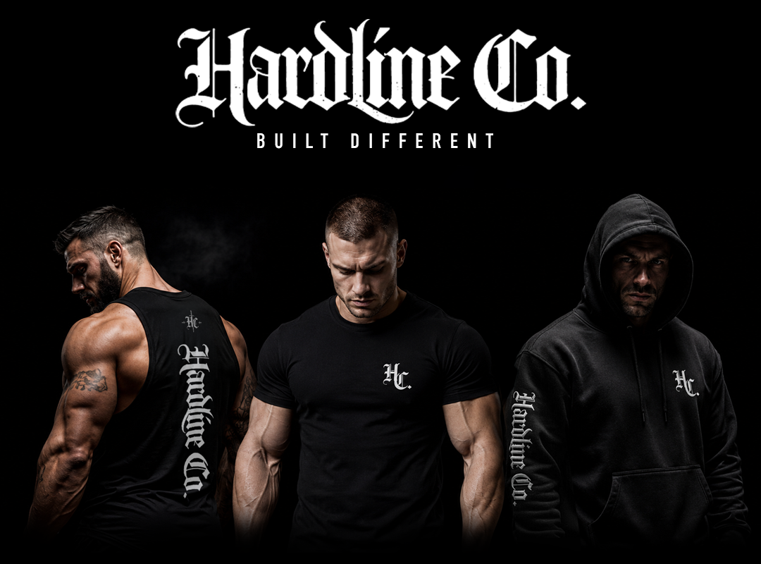 Three individuals wearing 'Hardline Co.' branded clothing against a black background.