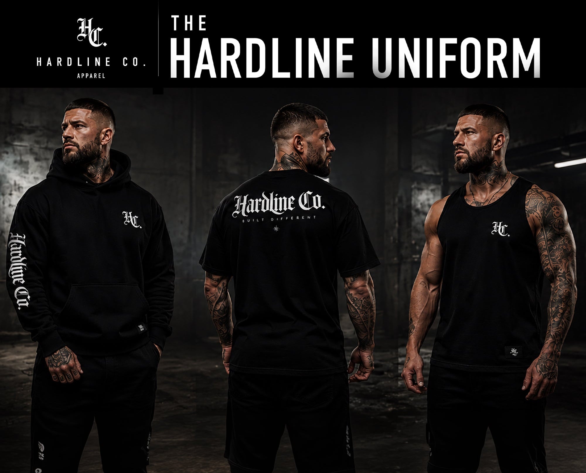 Three men wearing black Hardline Co. apparel in a dark setting.