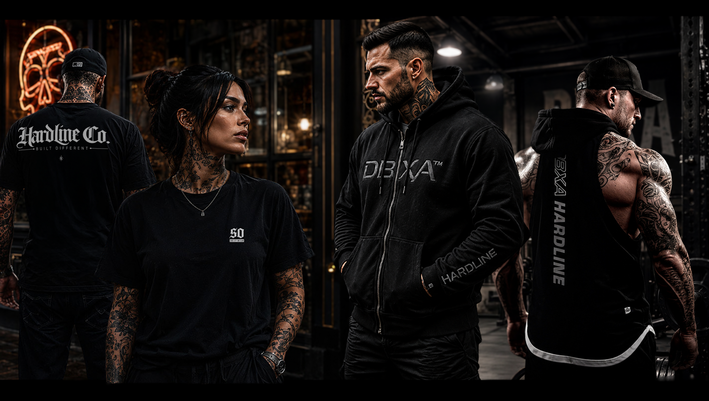 Three tattooed men wearing black Hardline Co. apparel in a dark gym setting, including a black t-shirt, zip-up hoodie, and sleeveless top, with visible Hardline branding on the garments.