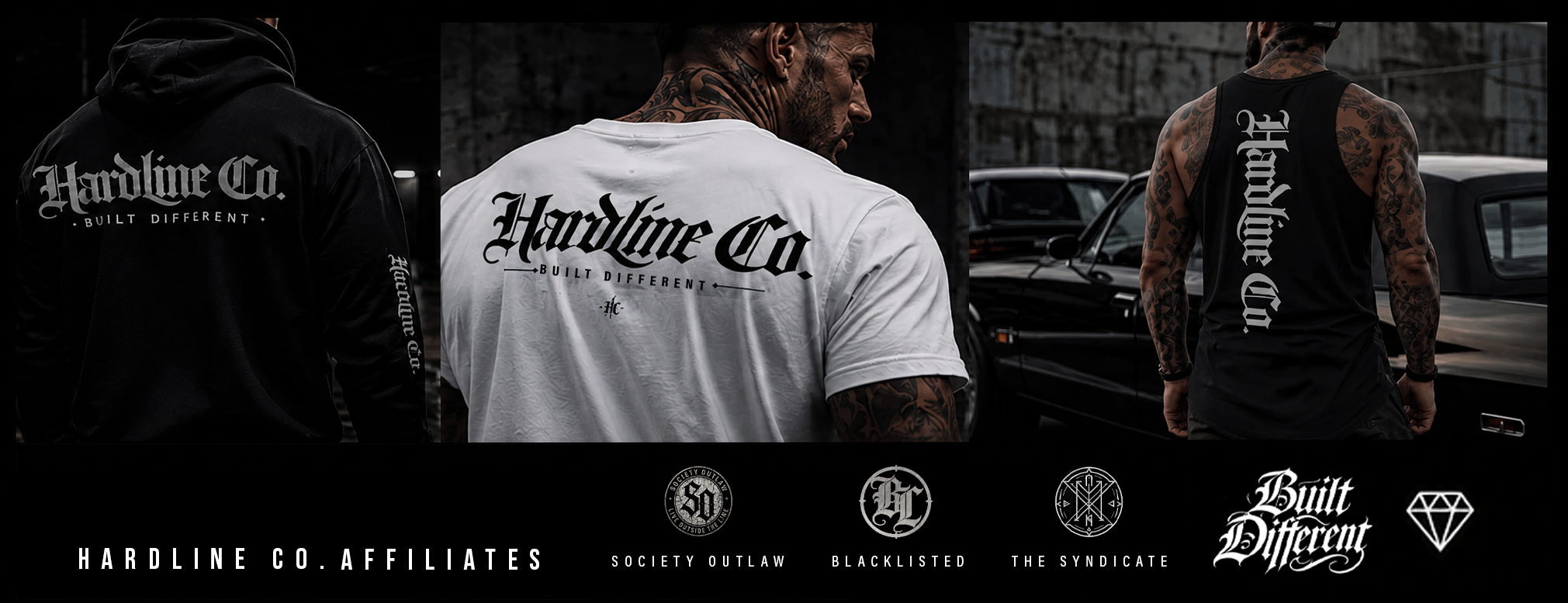 A promotional banner showing three views of a person wearing Hardline Co. apparel: a black hoodie from the back, a white T-shirt from the back, and a black tank top from the back.