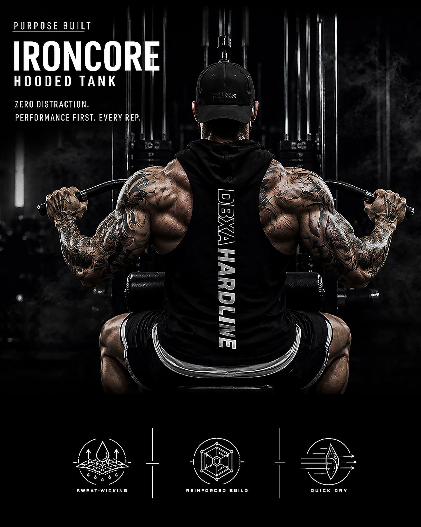 Person wearing a black 'Dexxah Hardline' hoodie with gym equipment in the background