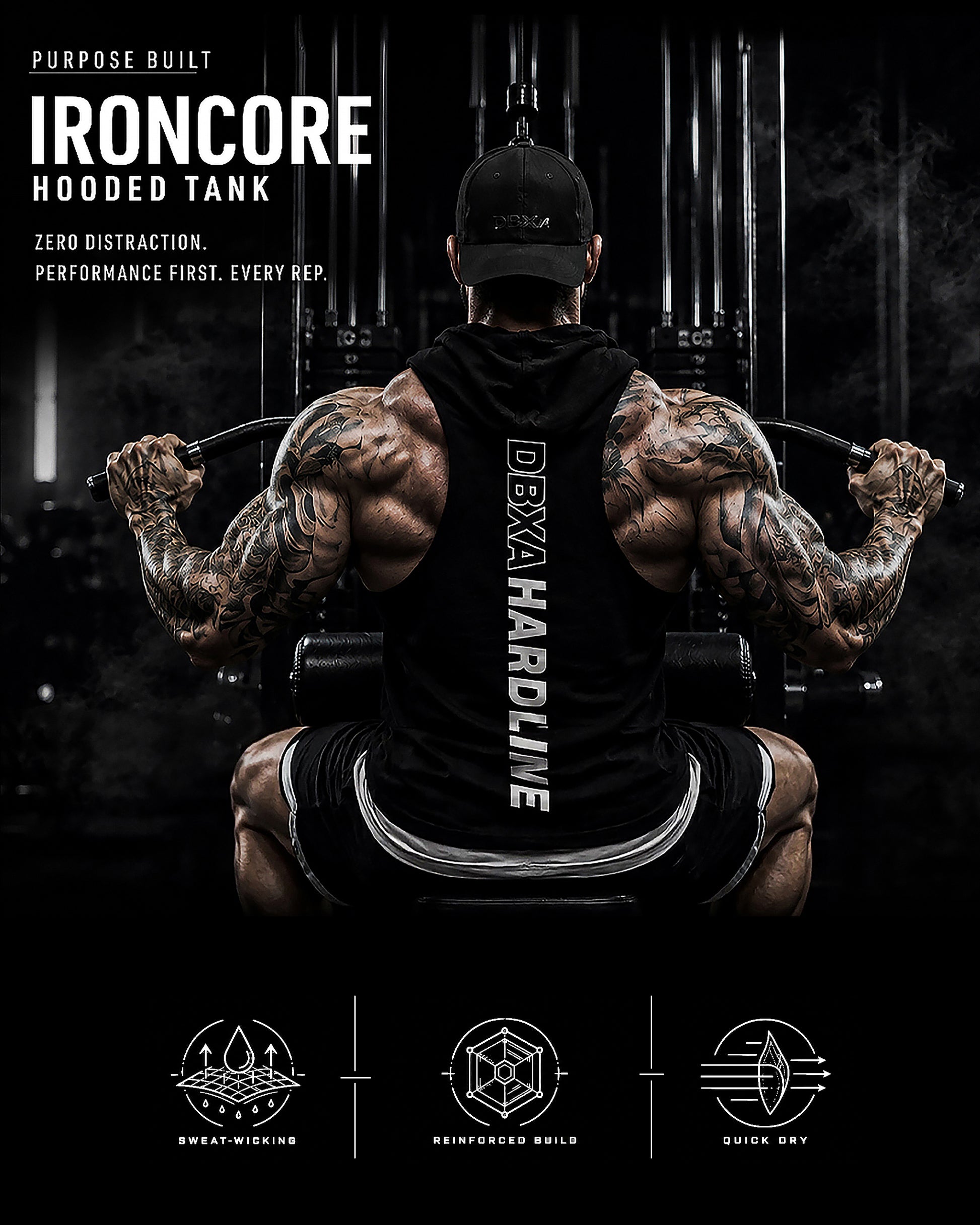Person wearing a black 'Dexxah Hardline' hoodie with gym equipment in the background