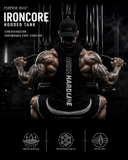 Person wearing a black 'Dexxah Hardline' hoodie with gym equipment in the background