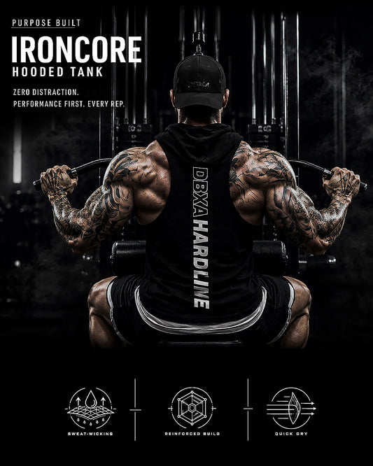 Person wearing a black 'Dexxah Hardline' hoodie with gym equipment in the background