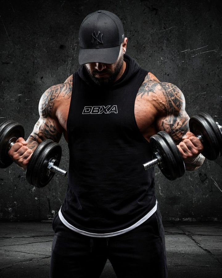 Muscular man lifting weights with a dark background