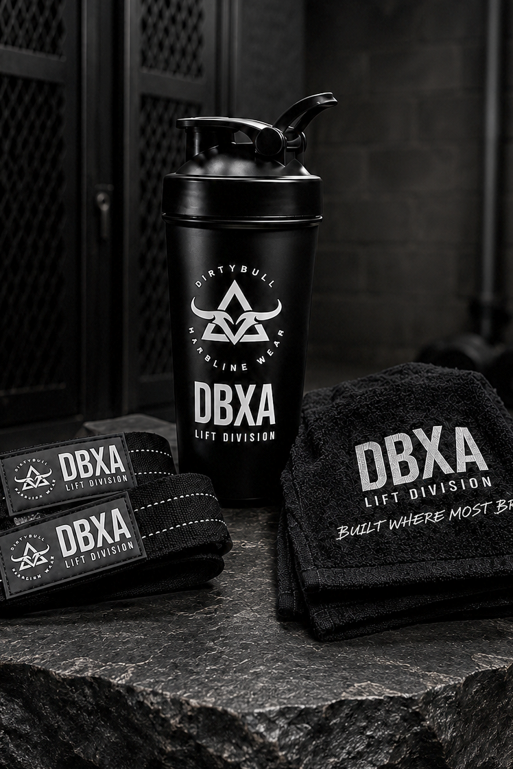 A black shaker bottle, two black wristbands, and a black towel with white DBXA branding are arranged on a dark stone slab in a gym setting.