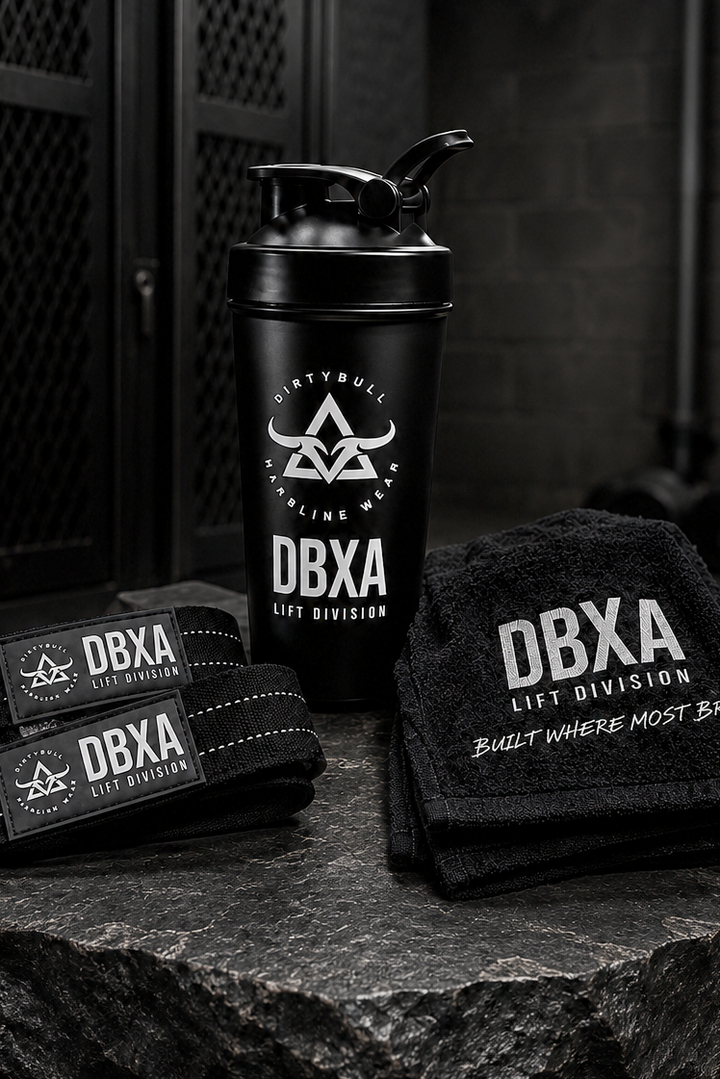 A black shaker bottle, two black wristbands, and a black towel with white DBXA branding are arranged on a dark stone slab in a gym setting.