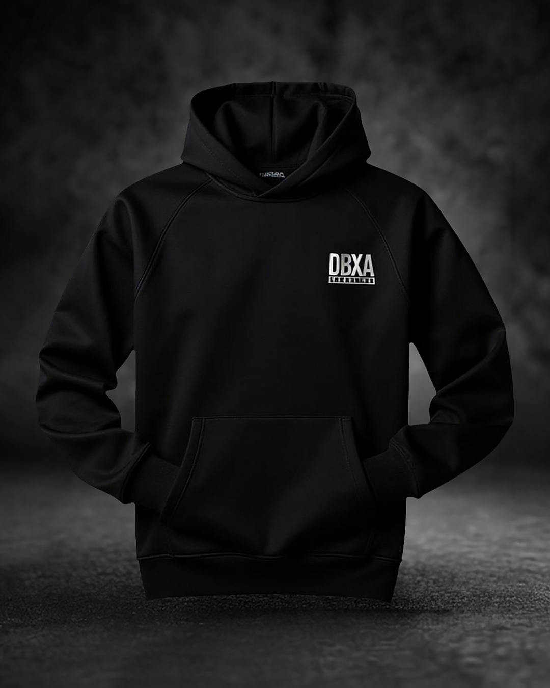 Black hoodie with a logo on the chest against a dark background