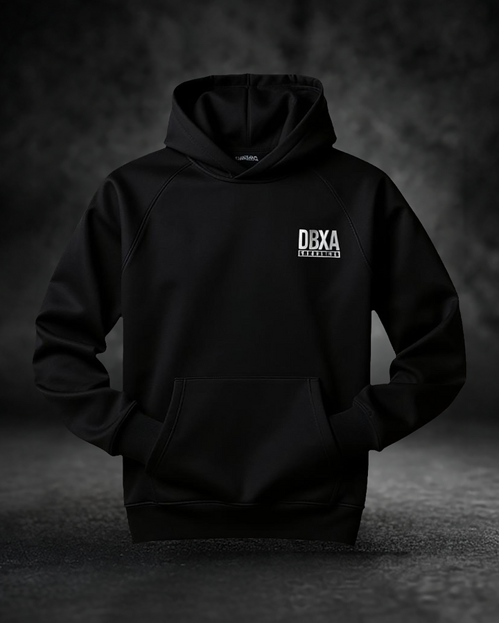 Black hoodie with a logo on the chest against a dark background