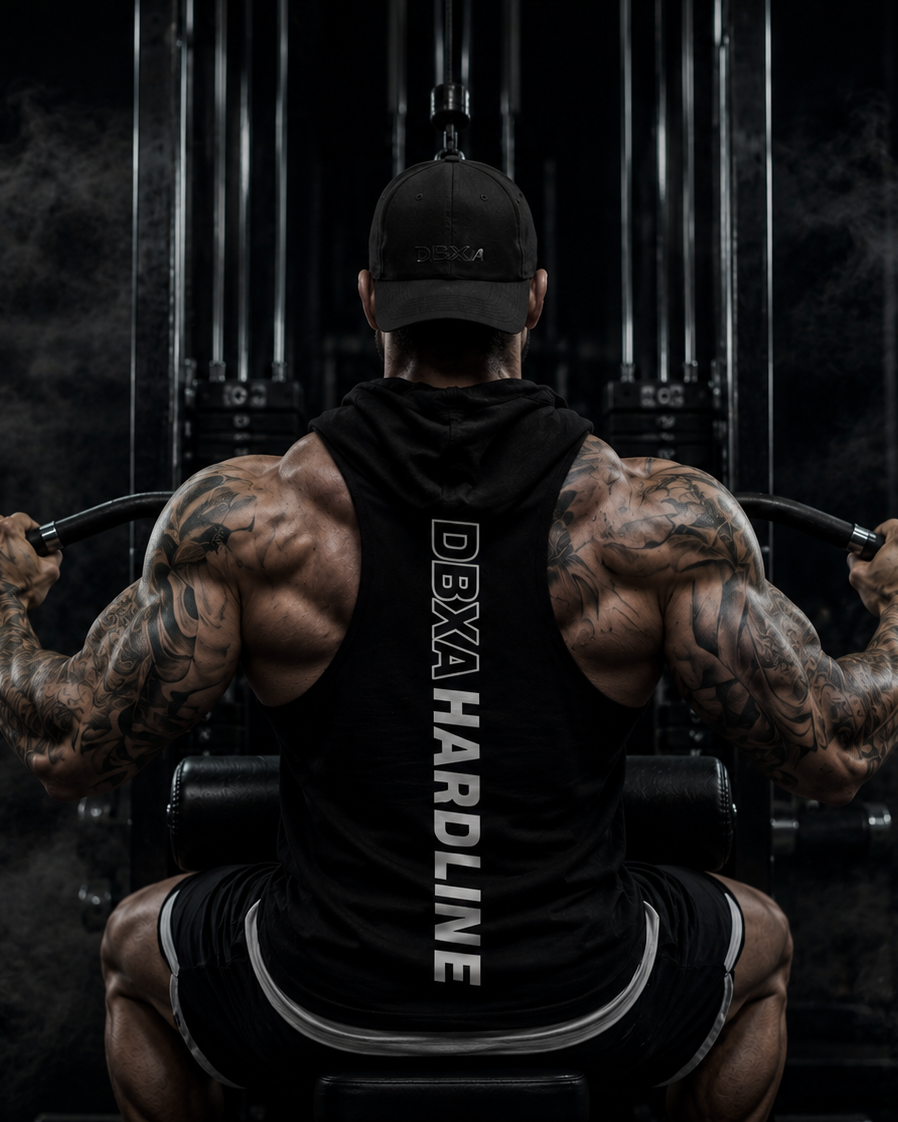 A muscular man with tattoos is seen from behind, seated on a cable machine in a gym, wearing a black tank top with 'DEKA HARDLINE' printed vertically in white on the back, a black cap, and black shorts.
