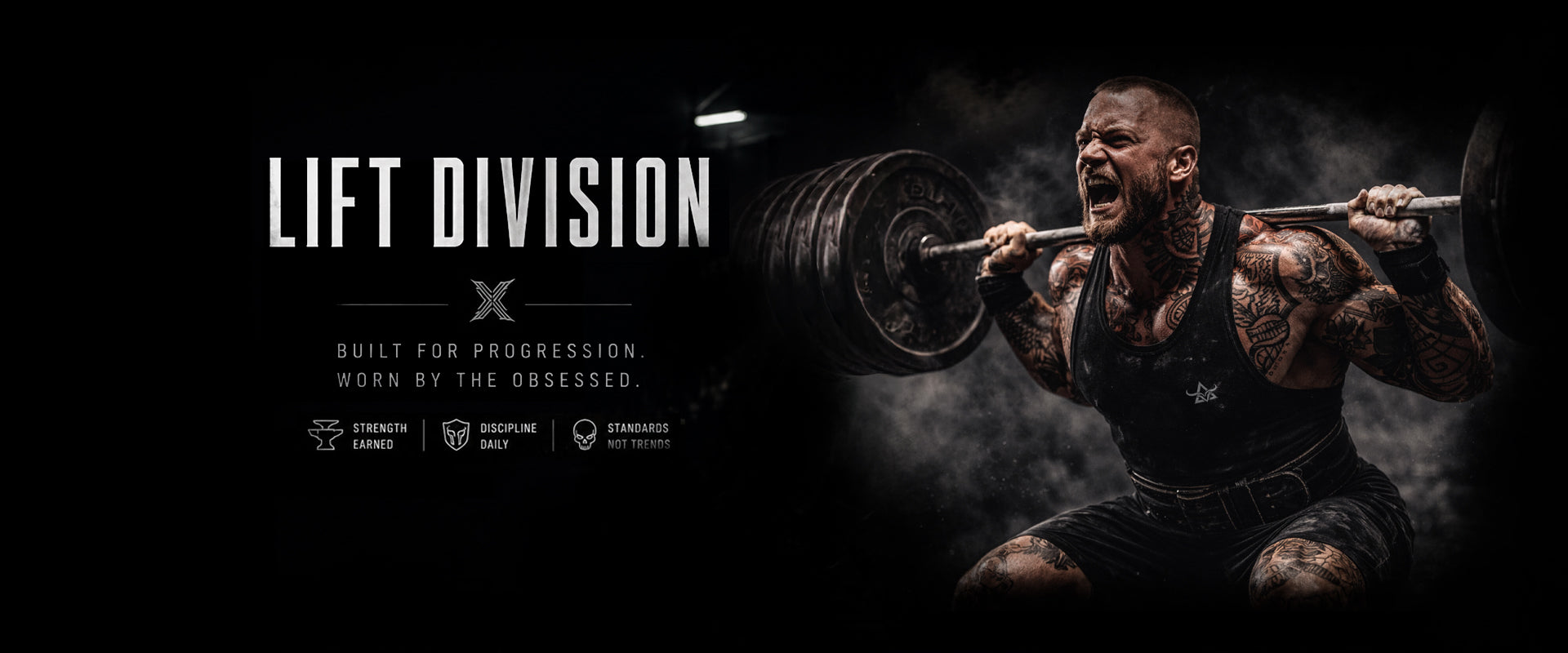 Muscular man lifting a barbell with 'Lift Division' branding on a dark background