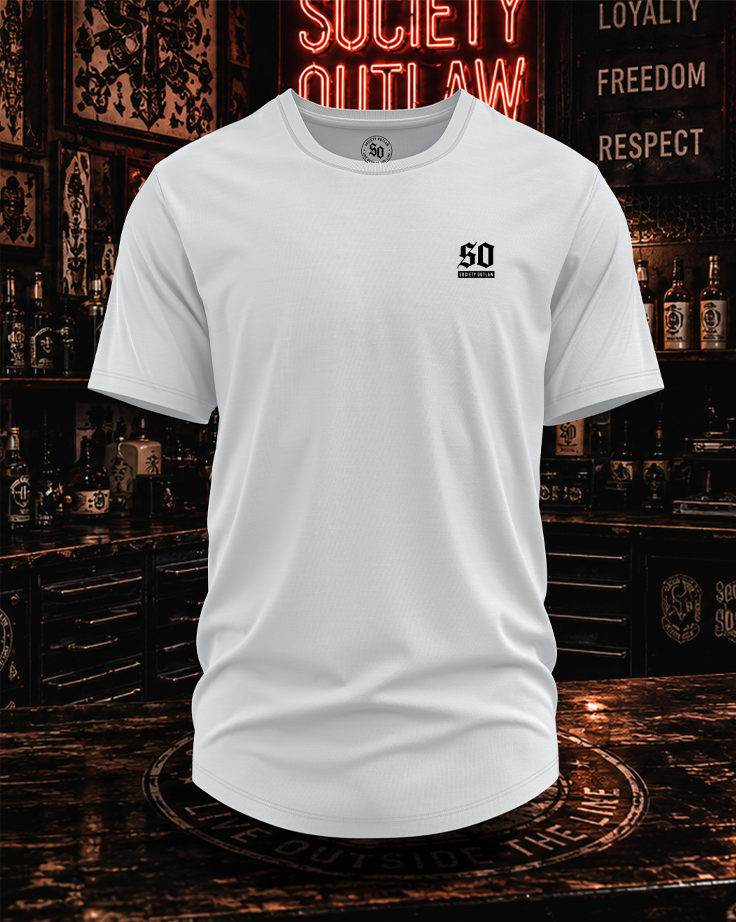 White Society Outlaw curved hem tee showing the front SO chest logo