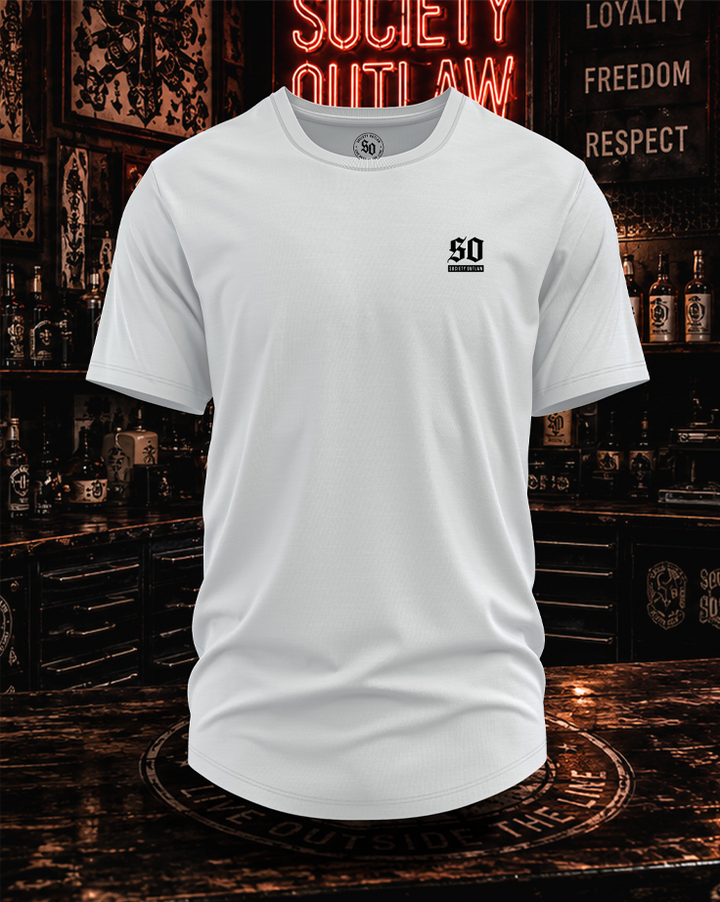 White Society Outlaw curved hem tee showing the front SO chest logo