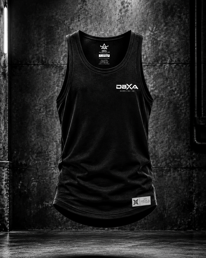 A black sleeveless athletic tank top with a scoop neck, featuring a white &