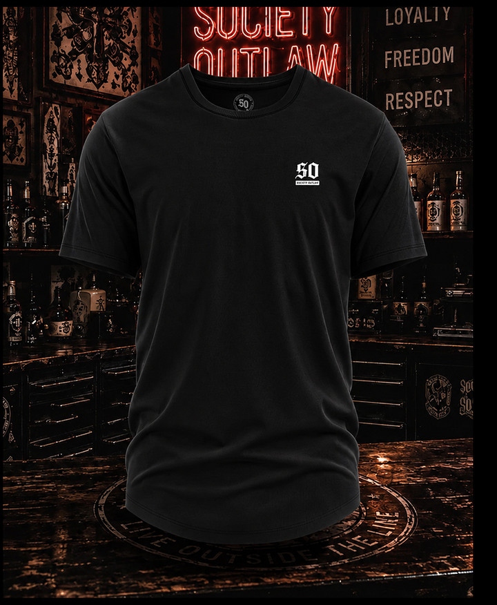 Black Society Outlaw Blind Loyalty curved hem tee showing the front SO chest logo