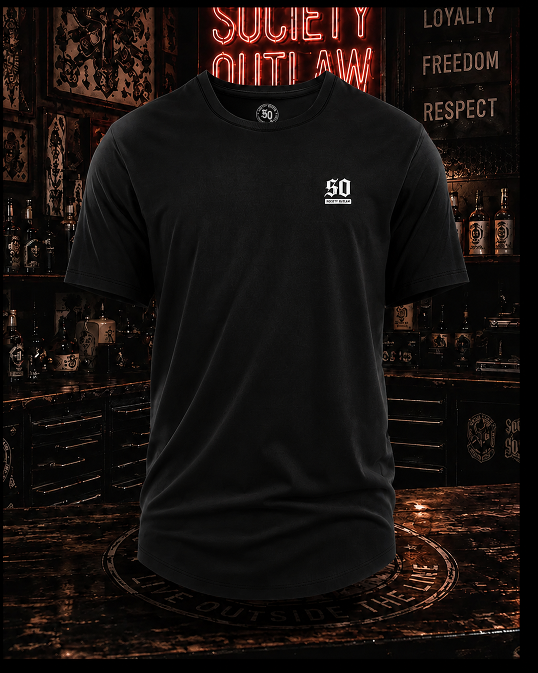 Black Society Outlaw Deaf to Authority curved hem tee showing the front SO chest logo