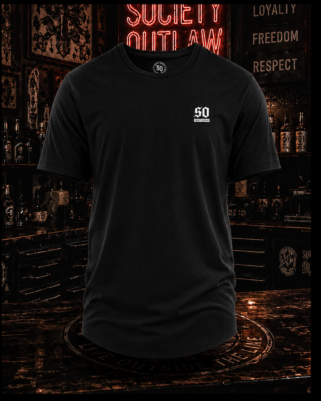 Black Society Outlaw Silent Code curved hem tee showing the front SO chest logo