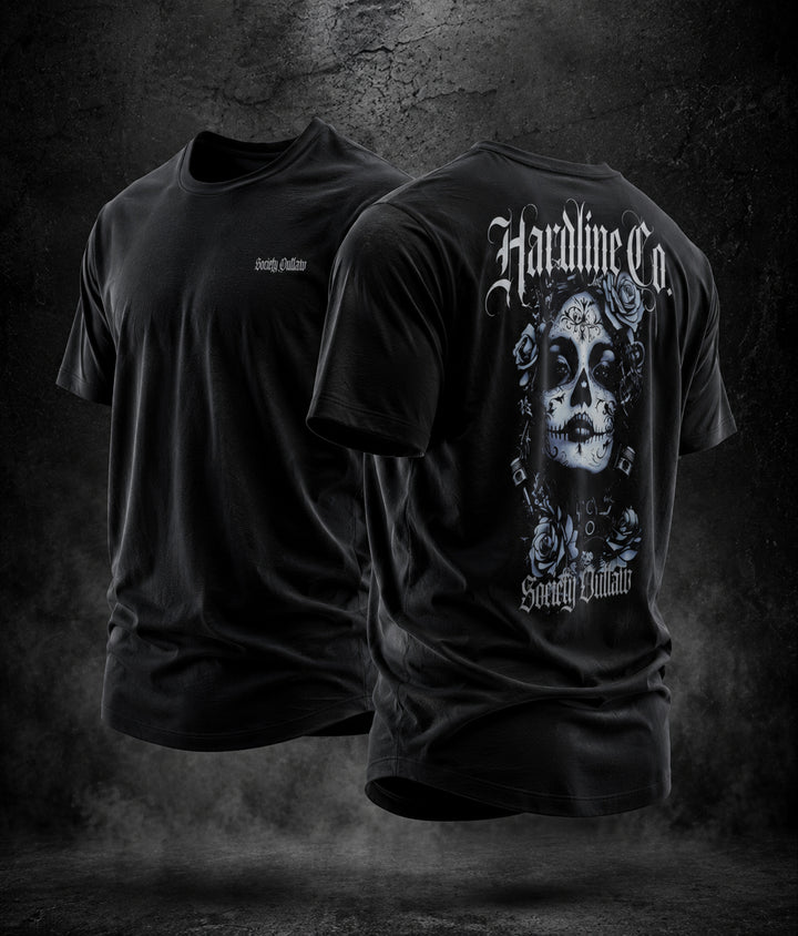 Black t-shirt with a design on the front and &