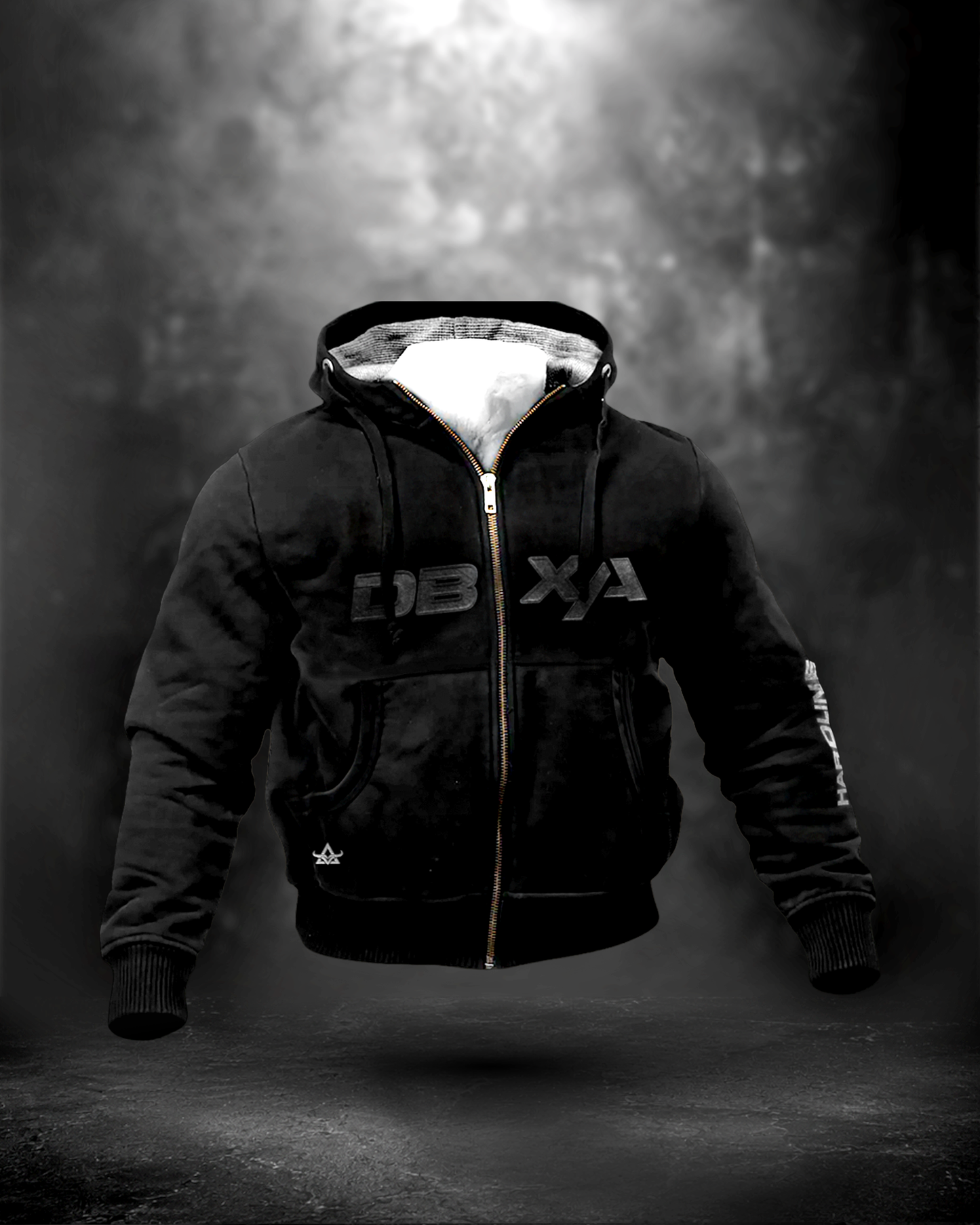 Black hoodie with 'DB XA' branding on a dark background