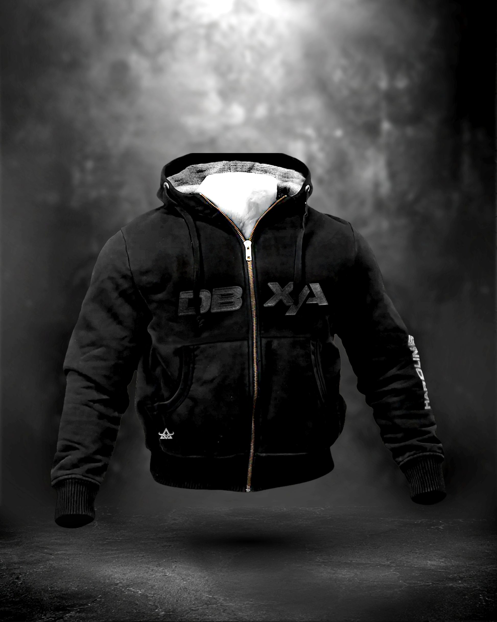 Black hoodie with 'DB XA' branding on a dark background