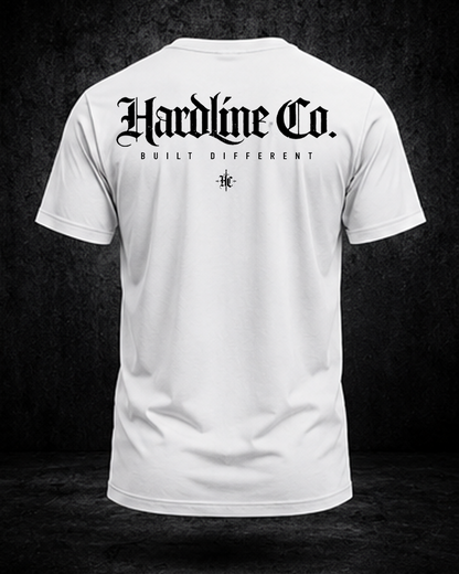 White t-shirt with 'Hardline Co.' text on the back against a dark background