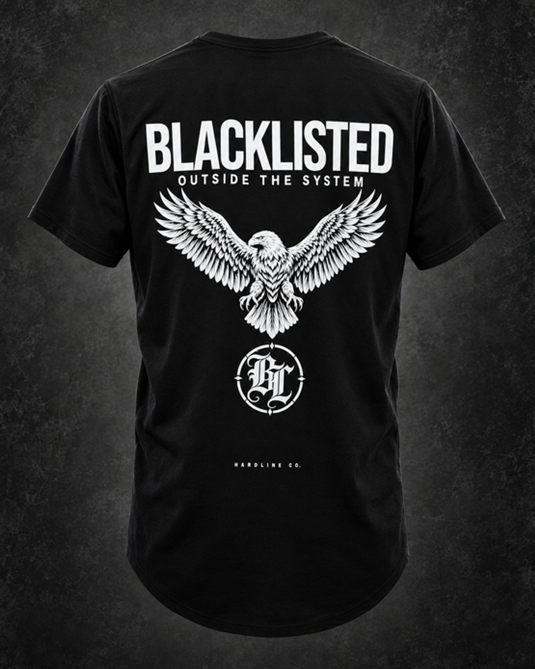 Black BLACKLISTED OTS V3 tee rear view with spread-wing eagle, BLACKLISTED and Outside The System artwork.