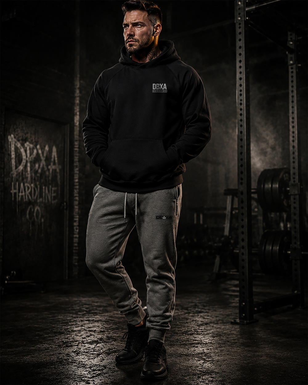 Man wearing grey DBXA Ironcut Fleece Pants in a gym setting