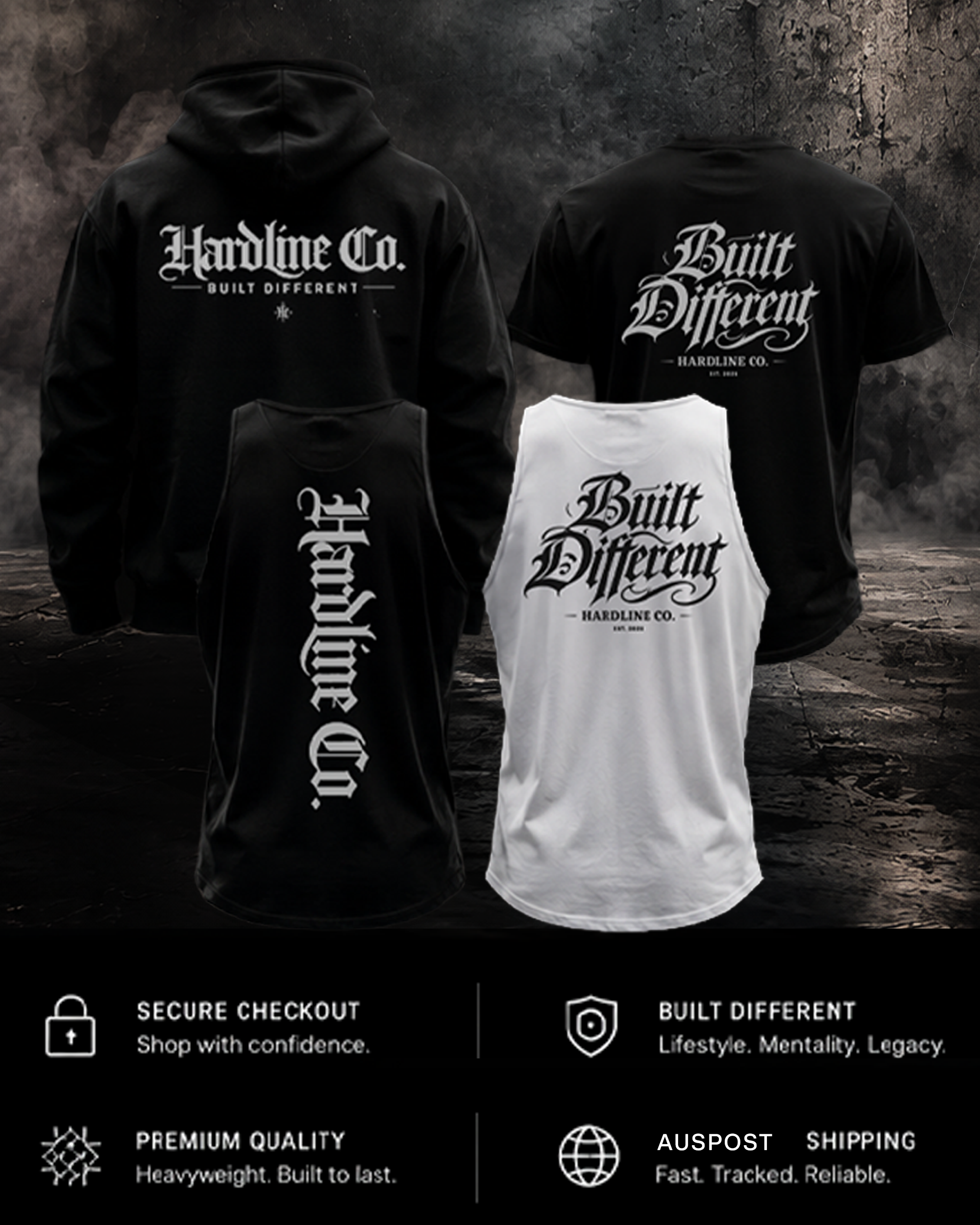 Four apparel items from Hardline Co. are displayed against a dark smoky background: two black hoodies and shirts showing back graphics, one black shirt showing front graphics, and one white tank top showing the front graphic.