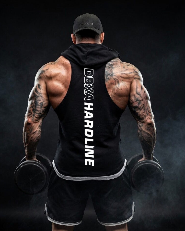 Muscular man holding dumbbells in a black DBXA Ironcore Hooded Tank, rear view