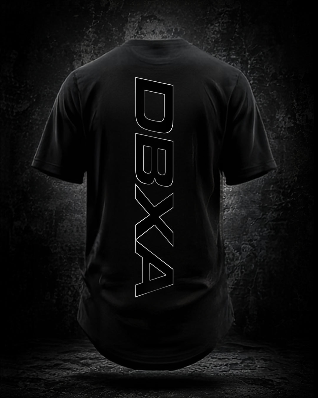 Black t-shirt with 'DBX4' logo on the back against a dark background