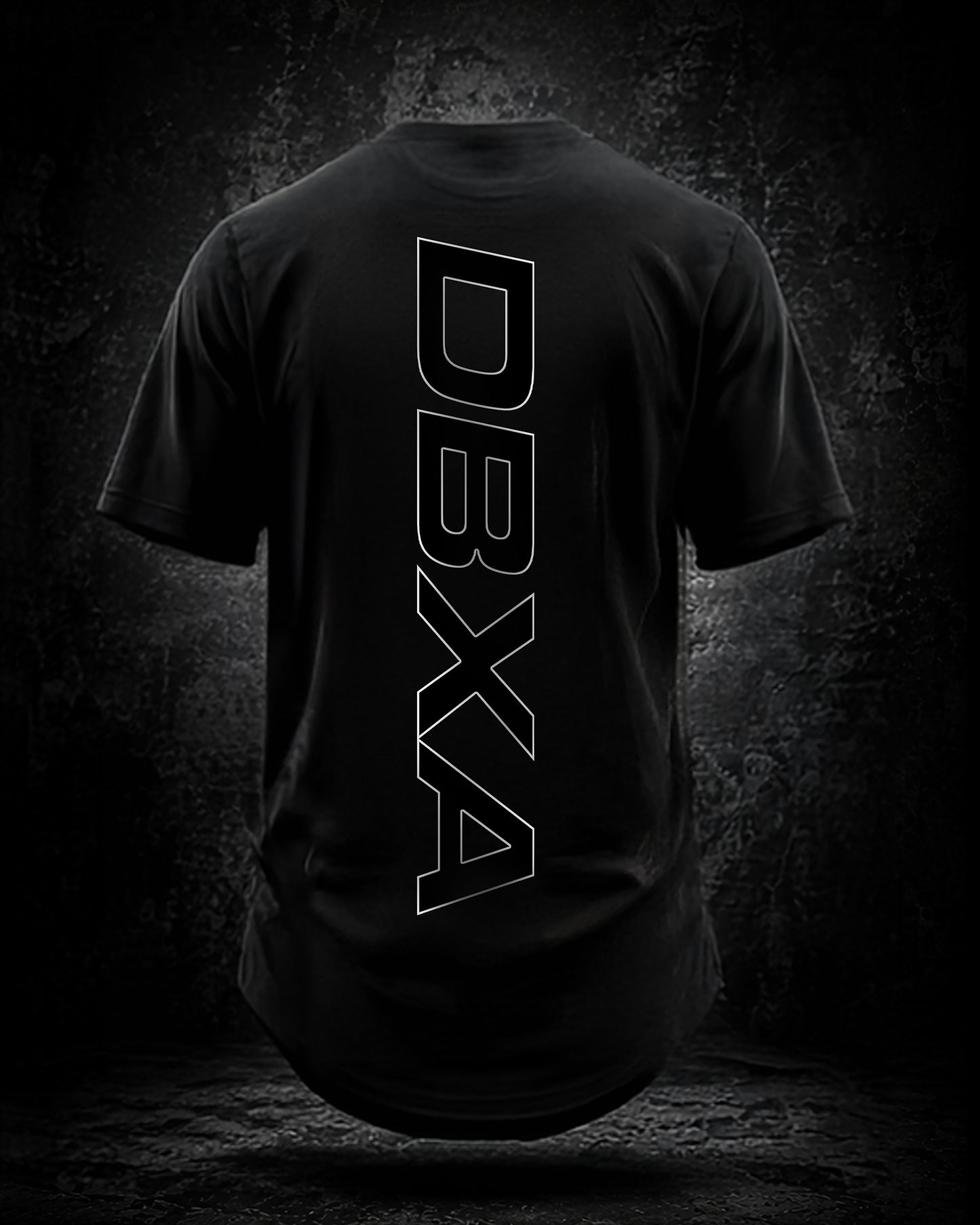 Black t-shirt with 'DBX4' logo on the back against a dark background