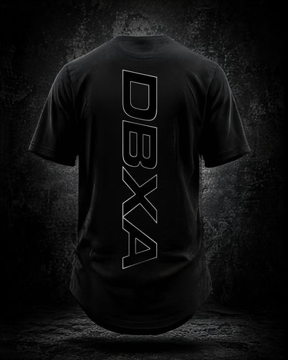 Black t-shirt with 'DBX4' logo on the back against a dark background