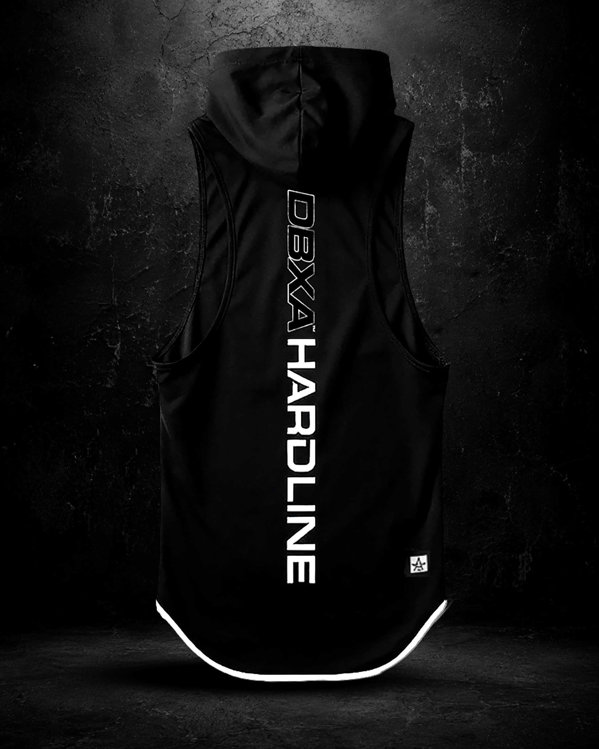 Black sleeveless jacket with reflective elements and branding on a dark background