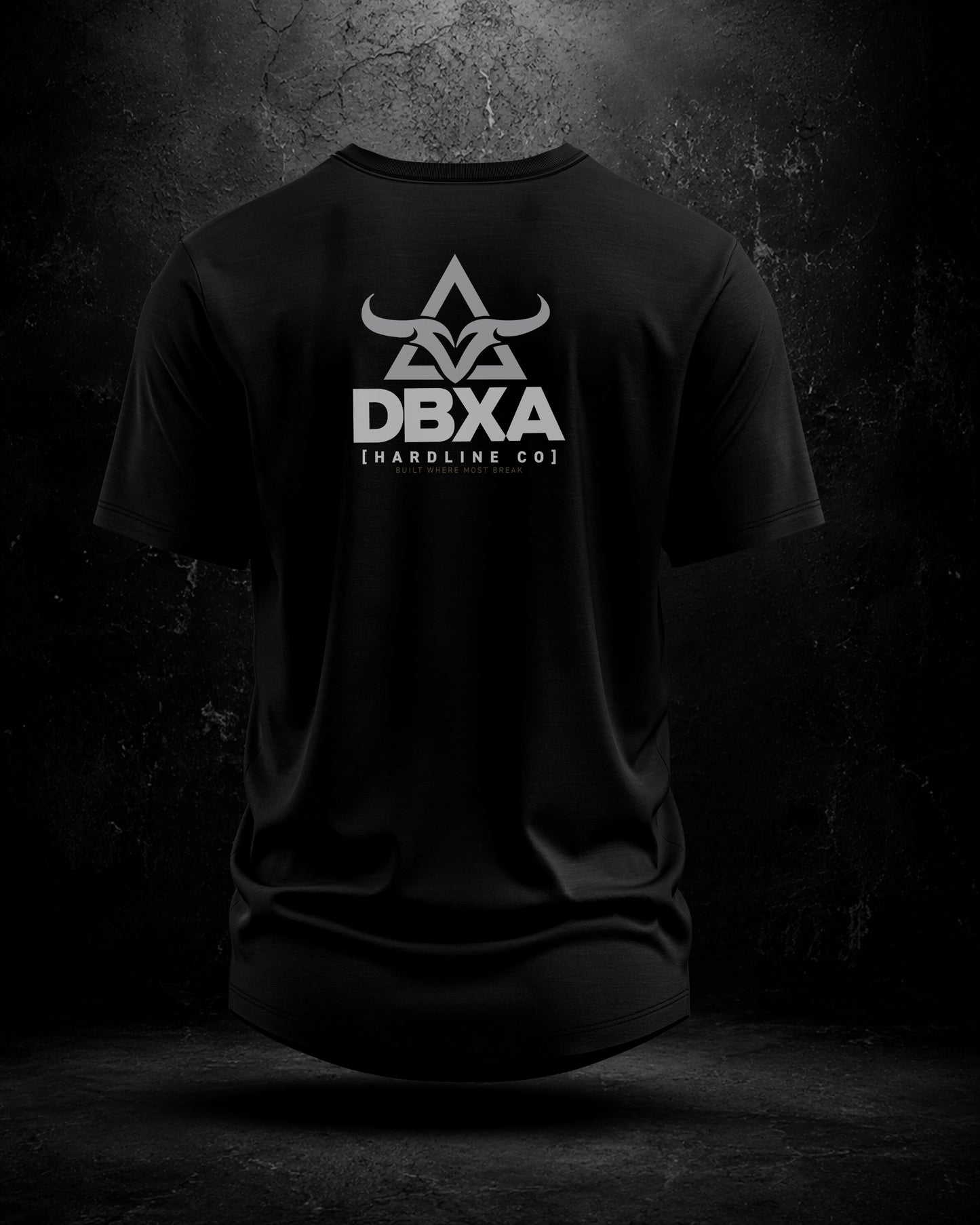 Black t-shirt with a white logo and text on a dark background