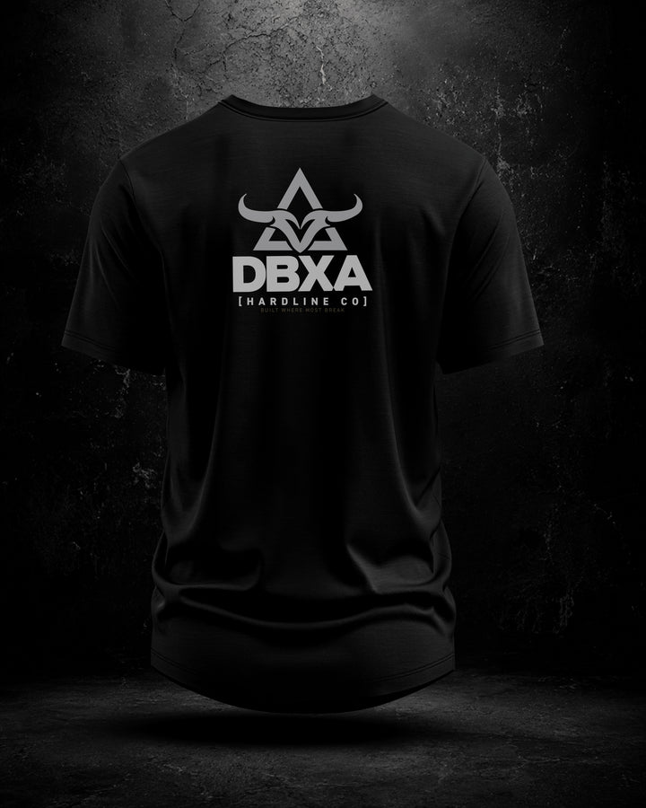 Black t-shirt with a white logo and text on a dark background