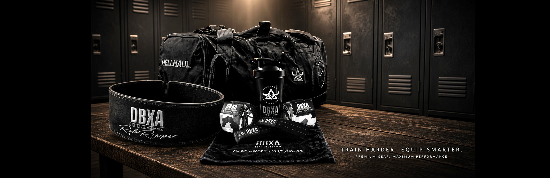 A dark locker room scene with a black DBXA branded duffel bag, matching black belt, black water bottle, and black apparel laid out on a wooden bench. The products feature white and gray DBXA branding, and the background shows dark metal lockers.