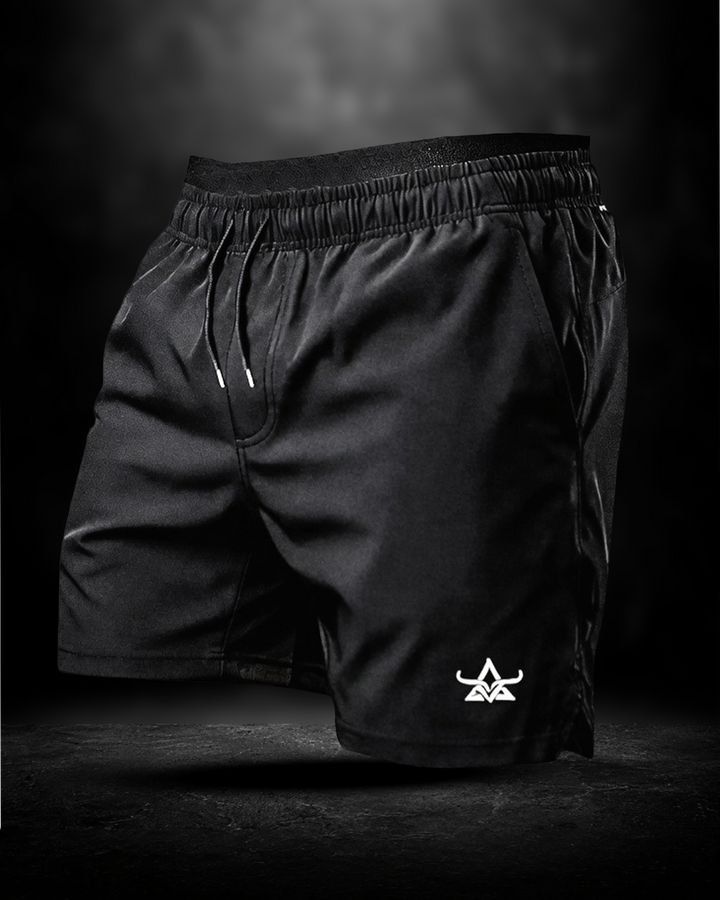 Black shorts with a logo on a dark background