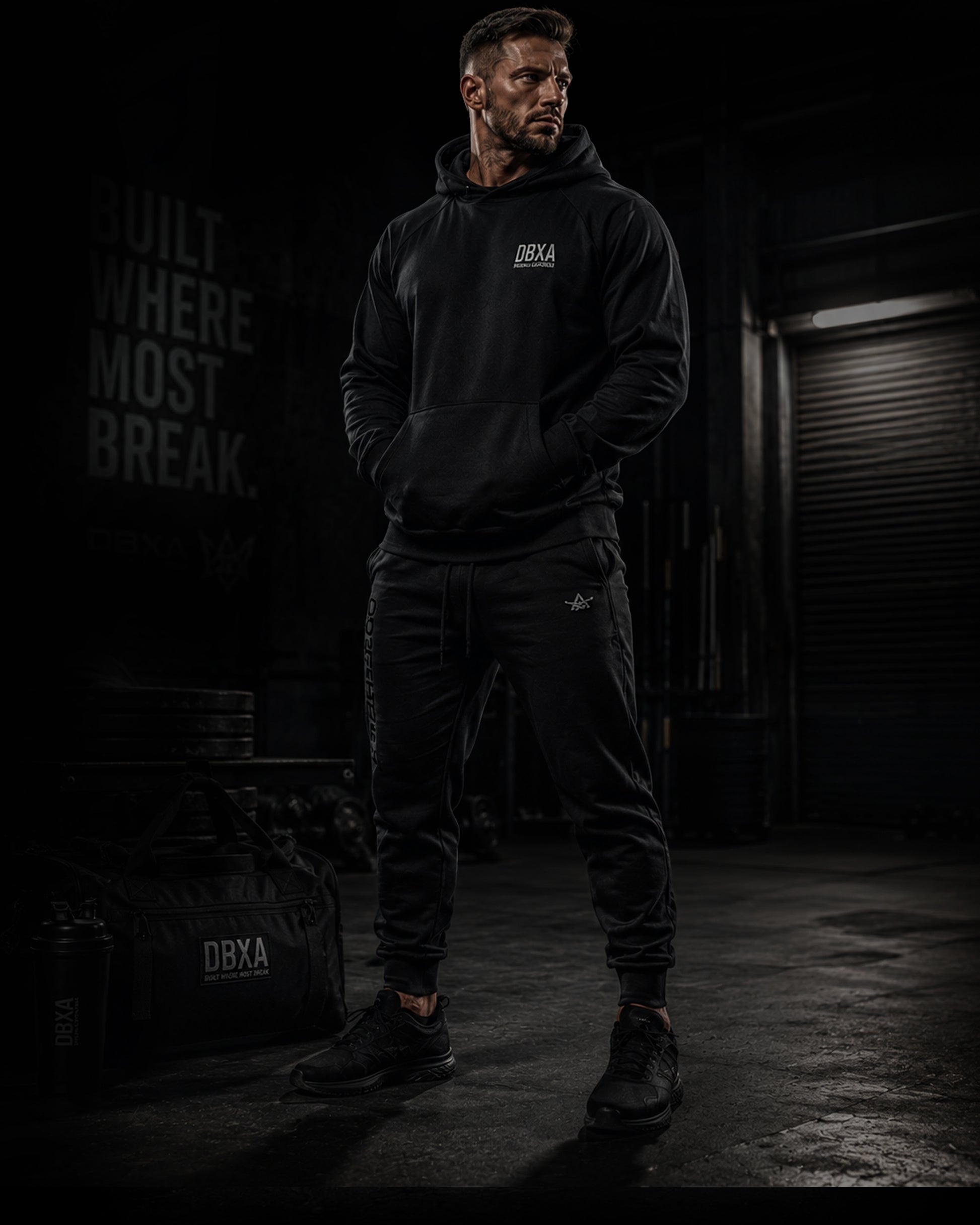 Man wearing a black hoodie and pants with 'DBXA' branding in a dark setting.