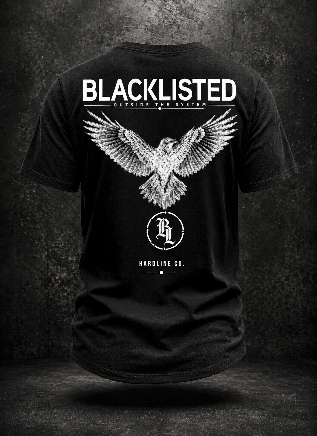 Black BLACKLISTED OTS V3 curved-hem tee rear with white spread-wing eagle and circular BL artwork