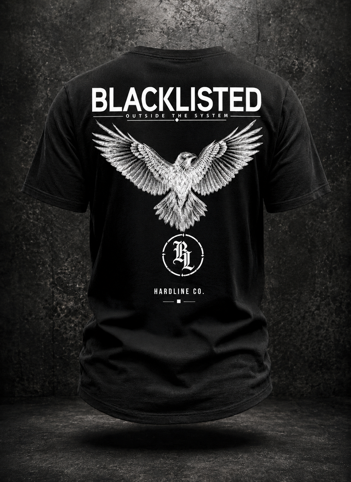 Black BLACKLISTED OTS V3 curved-hem tee rear with white spread-wing eagle and circular BL artwork