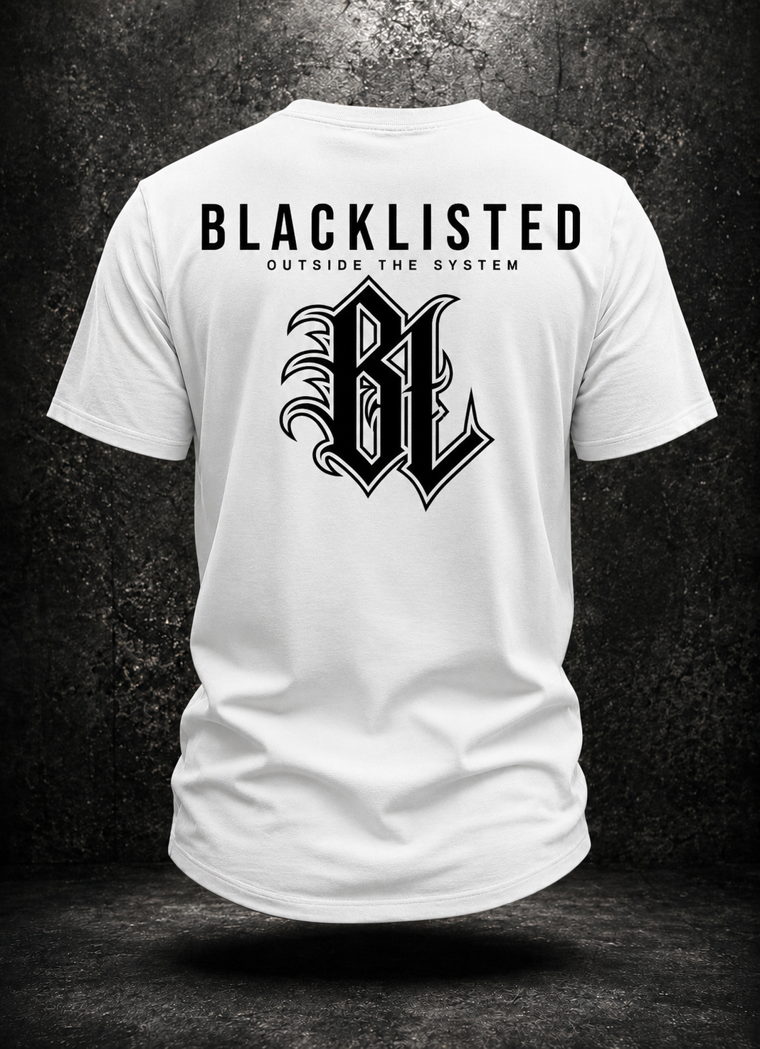 White BLACKLISTED OTS V1 curved-hem tee rear with oversized black BL monogram artwork