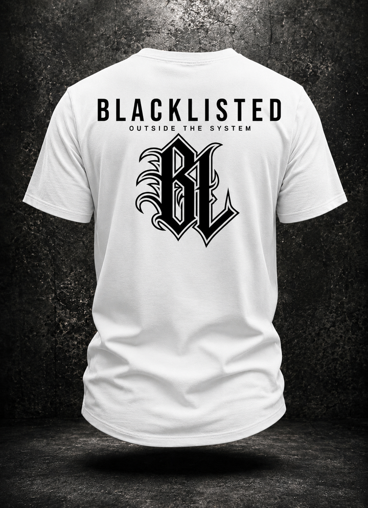 White BLACKLISTED OTS V1 curved-hem tee rear with oversized black BL monogram artwork